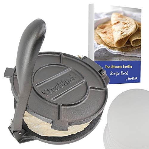 10 Inch StarBlue Cast Iron Tortilla Press for flour tortillas with FREE Oil Paper and Recipes book -